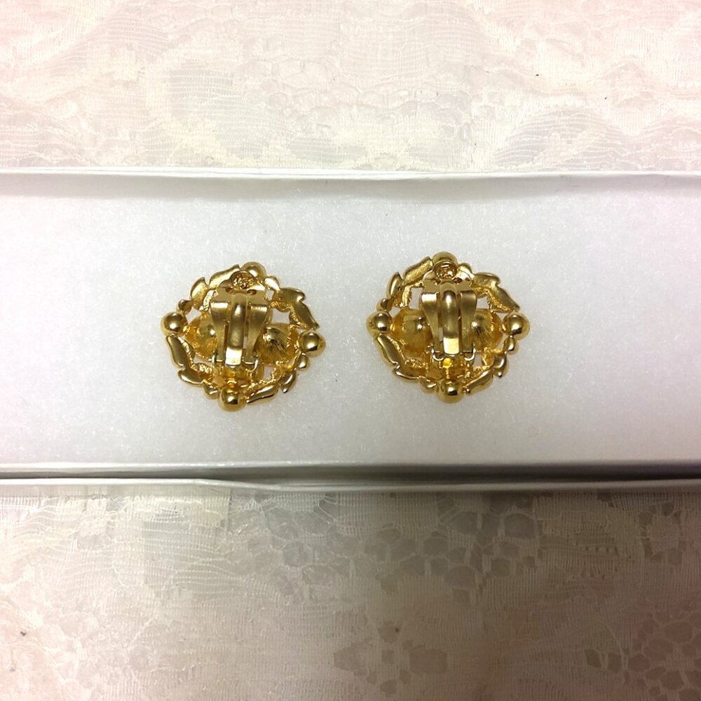 Vintage Pink & Green Crystal Gold Tone Earrings Non-Pierced Clip Earrings - Picture 7 of 11